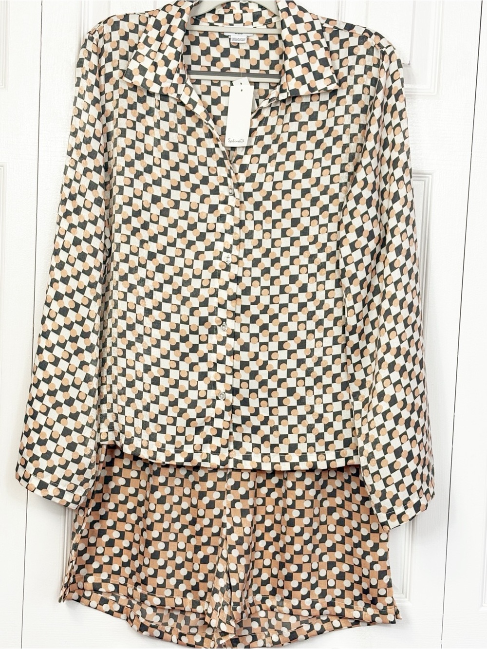 NWT Splendid Cream Dot Check Print 2 PC Top & Shorts Pajama Set Medium